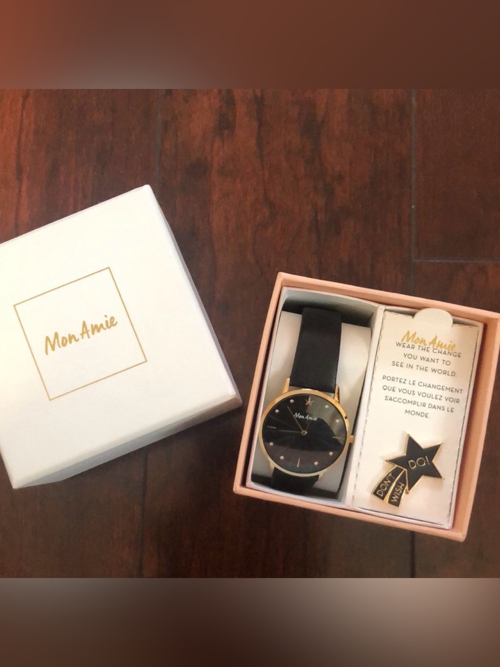 FOSSIL Mon Amie Black and Gold Leather Strap Watch with Star Charm